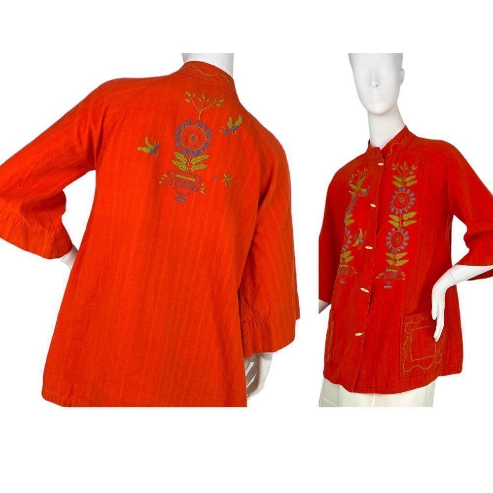 Vintage Telas Tlaquepaque Mexican Orange Embroidered Top Mandarin Collar Size M